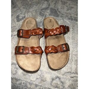 NWOT TIME TRU Brown Braided Leather Footbed Slides Sandals Shoes Women's Sz 10
